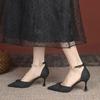 Black high heels women's new pointed pearl one-word strap single shoes bridesmaid stiletto hollow sandals