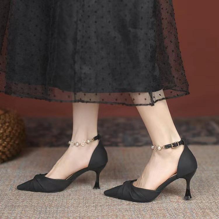 Black high heels women's new pointed pearl one-word strap single shoes bridesmaid stiletto hollow sandals