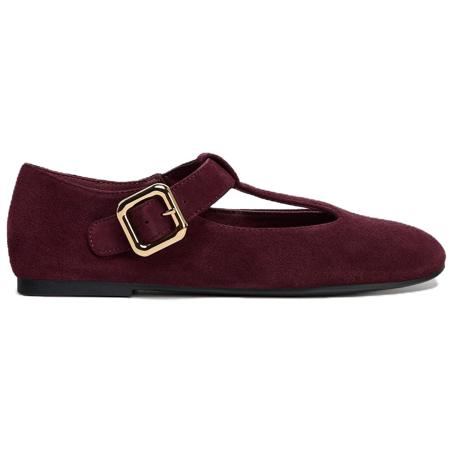 Zara Fashion Suede Buckle Decor Round Toe Casual Flats Women Flats Crimson 13504510-38