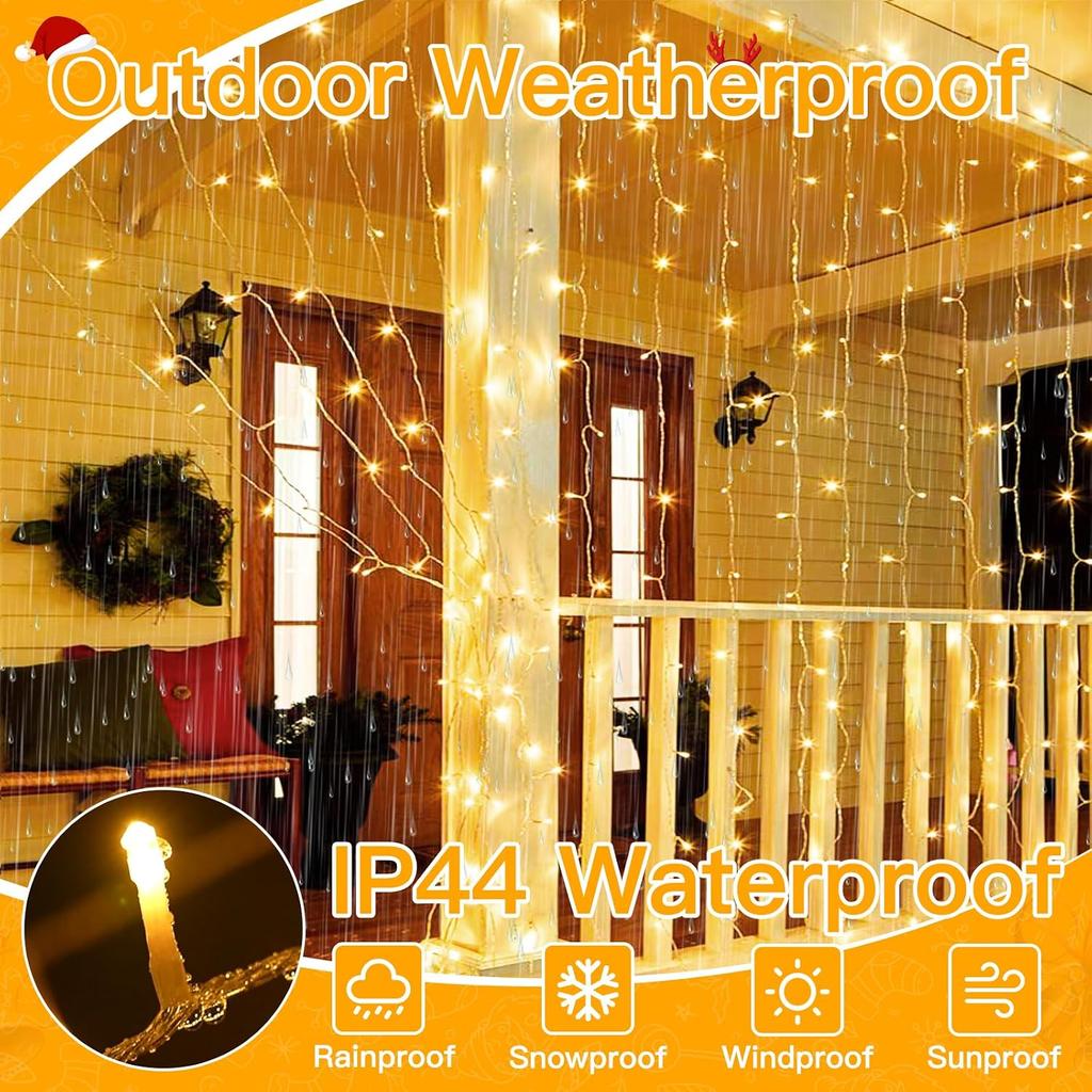 Ollny Christmas Curtain Lights 300 LED 9.8 FTx9.8 FT, Outdoor Waterproof Curtain String Lights with Remote Timer 8 Modes, USB Waterfall Window Lights