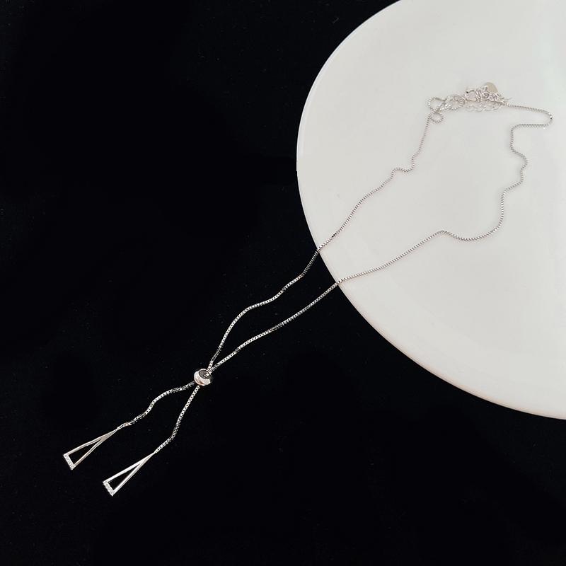 925 Sterling Silver Geometric Retractable Necklace Simple Glossy Hollow Triangle Box Chain Female Clavicle Chain Wedding Jewelry