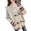 Herbst Damen V-Ausschnitt Farbkontrast Strickjacke Pullover Mantel Ochsenhornknopf Locker Kringel Vielseitig