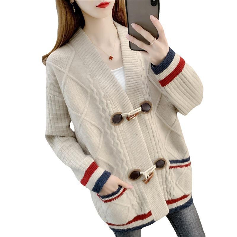 Herbst Damen V-Ausschnitt Farbkontrast Strickjacke Pullover Mantel Ochsenhornknopf Locker Kringel Vielseitig