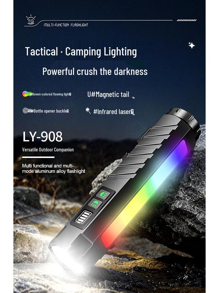 High-Intensity Black Aluminum Flashlight with Colorful Neon Light and Long Battery Life: Outdoor Multifunctional Torch