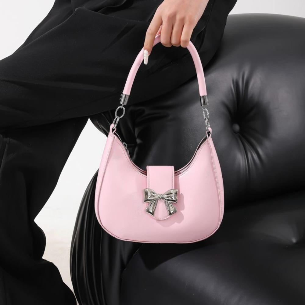 

PU Leather Dumpling Shoulder Bag Bow Half-moon Handbag Sweet Bowknot Crossbody Bag Outdoor розовый