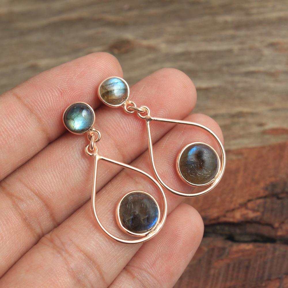 Rose Gold Plated Labradorite Moonstone Dangle Earring 925 Sterling Silver Women Jewelry