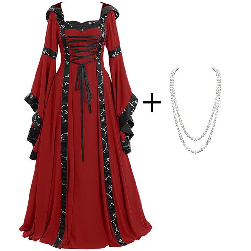 Medieval Retro Hooded Dress with Square Neck, Lace-Up Detail, and Bell Sleeves