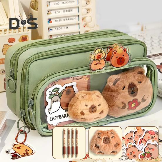 Capybara Pencil Case Large Capacity Multi-Layer Canvas Pen Bag with Compartments Waterproof Material DIY Pencil Case Kit