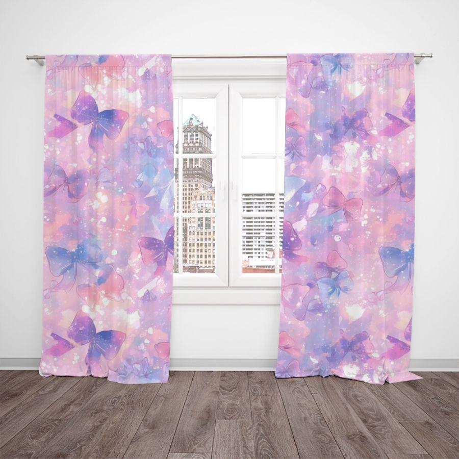 2 Pcs Purple Bow Printed Curtains, Pole Bag Curtains, Bedroom and Living Room, Home Decoration, Room Decoration