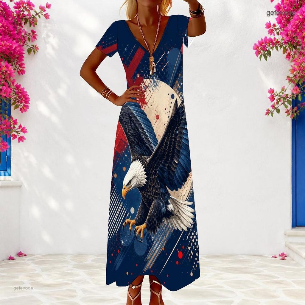 Women Plus Size V Neck Short Sleeve Star Swirl Printed Long Dress Red Blue White