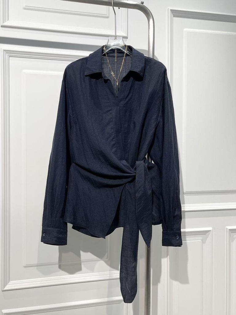 Chic Irregular Lace-Up Waist Shirt: Women's French Old Money Style Long Sleeve Top