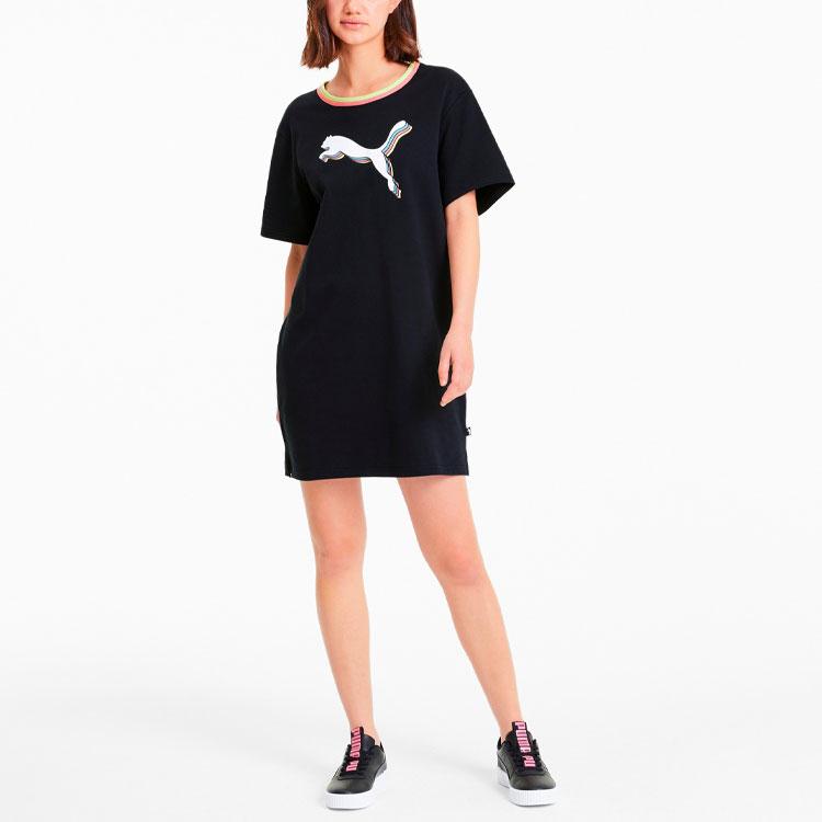 Puma Celebration Color Block Logo Print Lässig Bequem Atmungsaktiv Rundhals Kurzarm Kleid Damenkleider Schwarz 585049-01