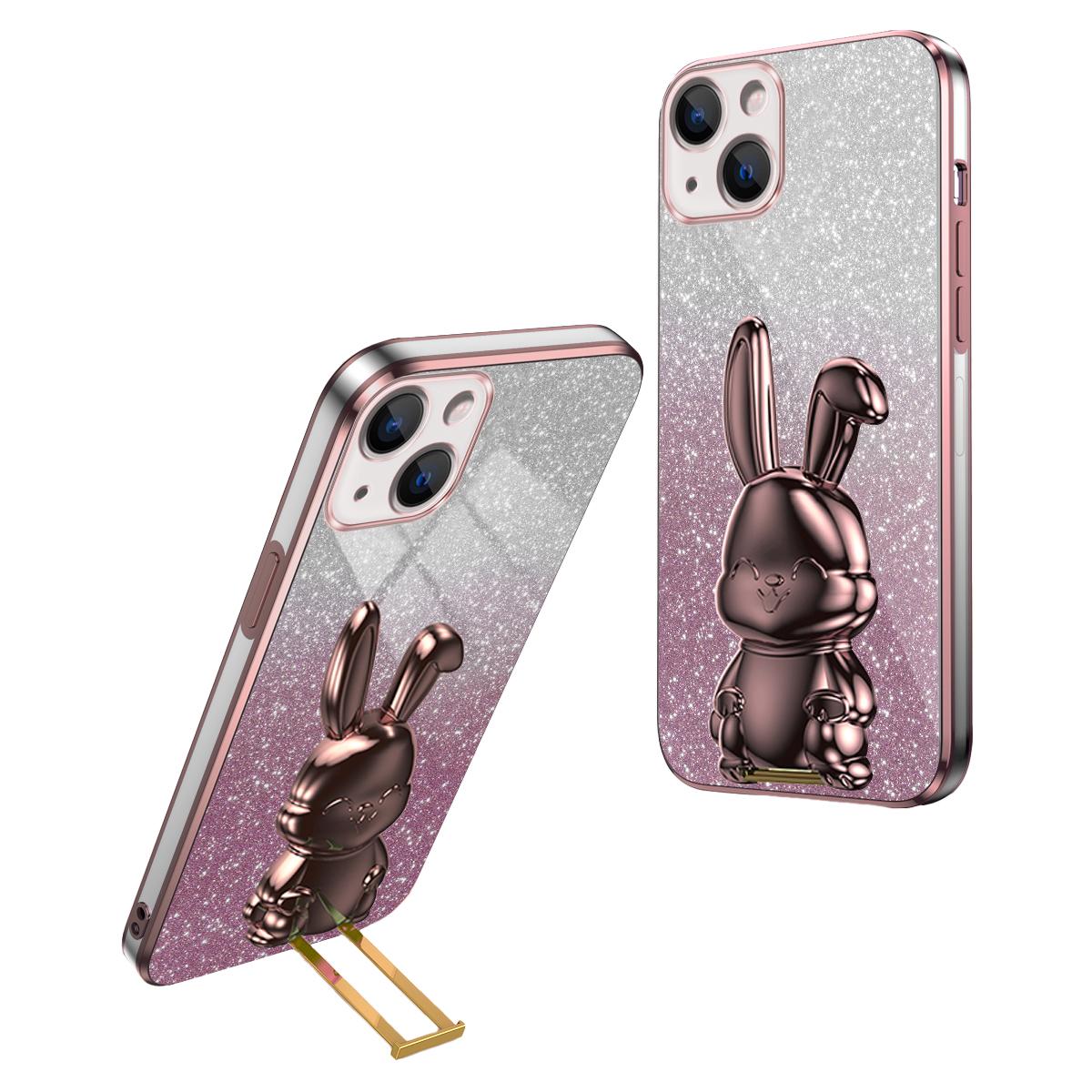 

For iPhone 15 Case Lovely Rabbit Pull-out Kickstand Anti-drop Phone Cover B