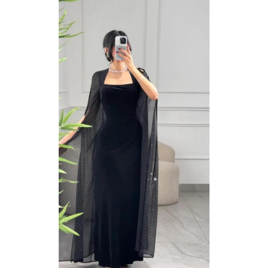 New Velvet Bodycon Batwing Sleeve Rhinestone Dress, Women's Evening Party Formal Gown for European American