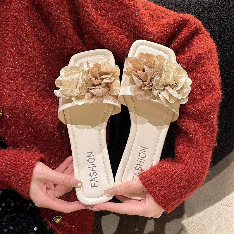 Flower Slippers Women's Summer New Outer Wear Flat-bottomed Beach Vacation Seaside with Skirt Sandals