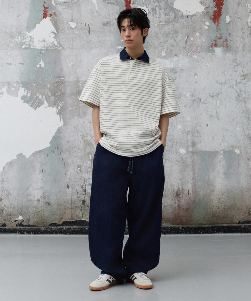 AGOD Contrast Denim Collar Stripe Half T-Shirt [Ivory]