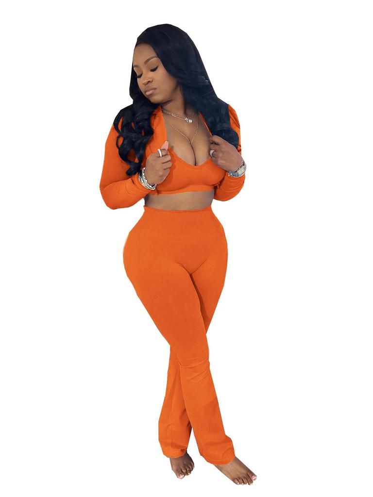TW492 Stilvolles Dreiteiler-Set für Damen: Einfarbiges Sexy Cropped Lässiger Sportanzug