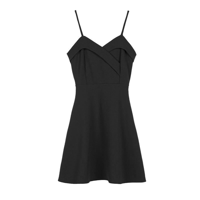 Black Temperament Thin and Sexy A-word Dress Short Skirt Summer French Hepburn Style Waist with Suspenders Small Black Dress