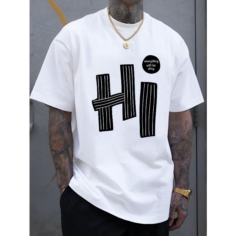 Men s New Fashion Hi Letter Print Casual Short Sleeve Shirt, Cool, Stylish, Versatile, and Comfortable Summer Men s Casual Short Sleeve S