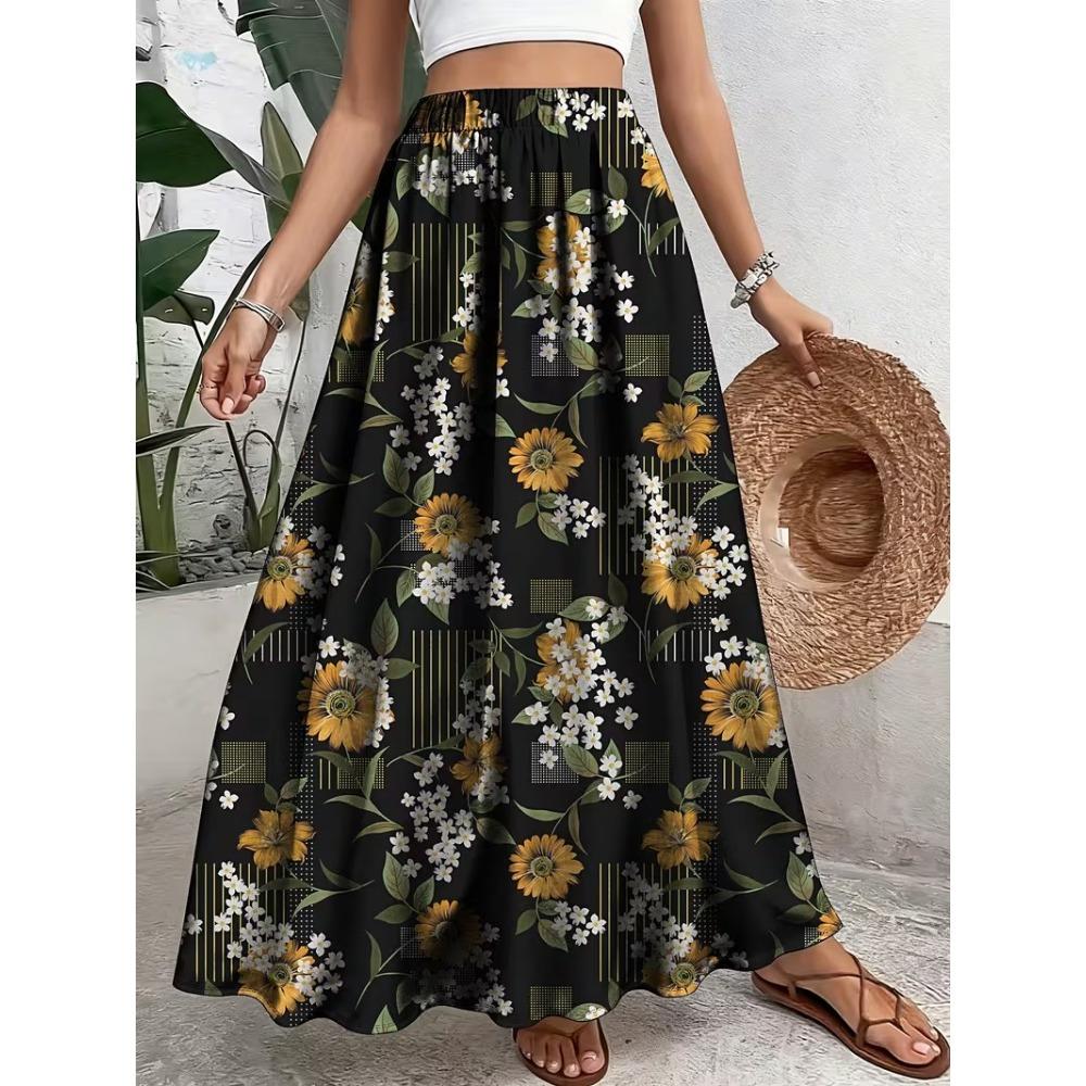 Summer Women's Skirt High Waist Elastic Waist Two-wearing Flower Print Black Vacation Party Beach Skirt