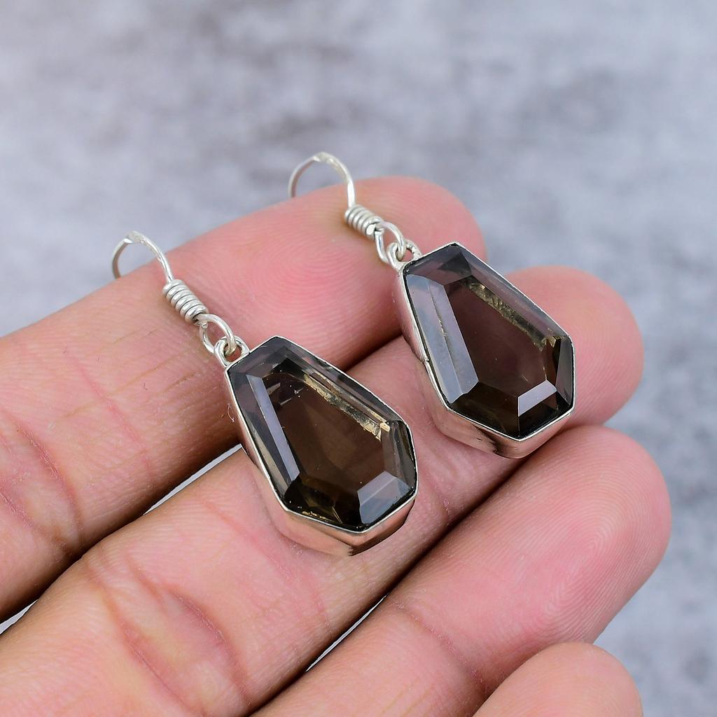 Smoky Topaz Gemstone Handmade 925 Sterling Silver Jewelry Earring 1.58" M-363