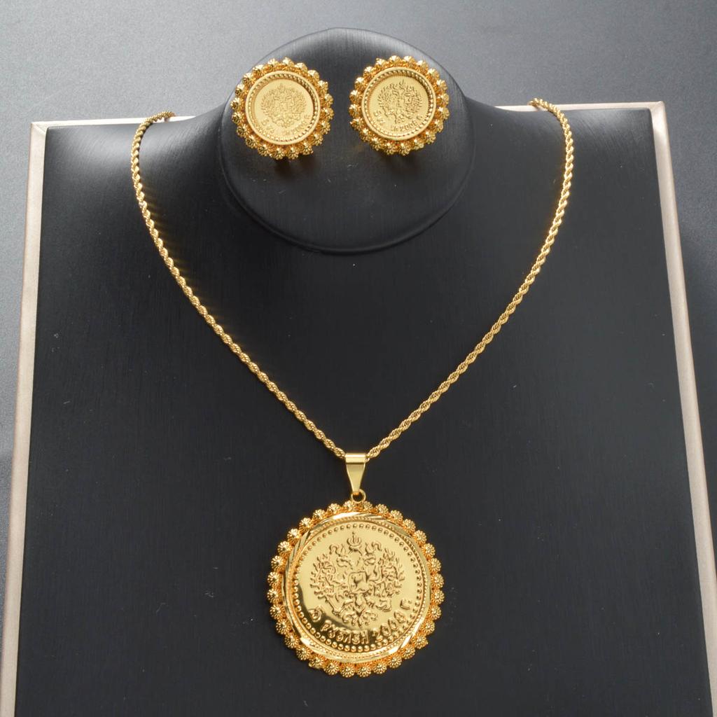 Persisk Lejon Sol Symbol Guldpläterad Halsband Örhängen Set Antik Mynt Vintage Mellanöstern Stil Smycken Gåva till Henne Fest