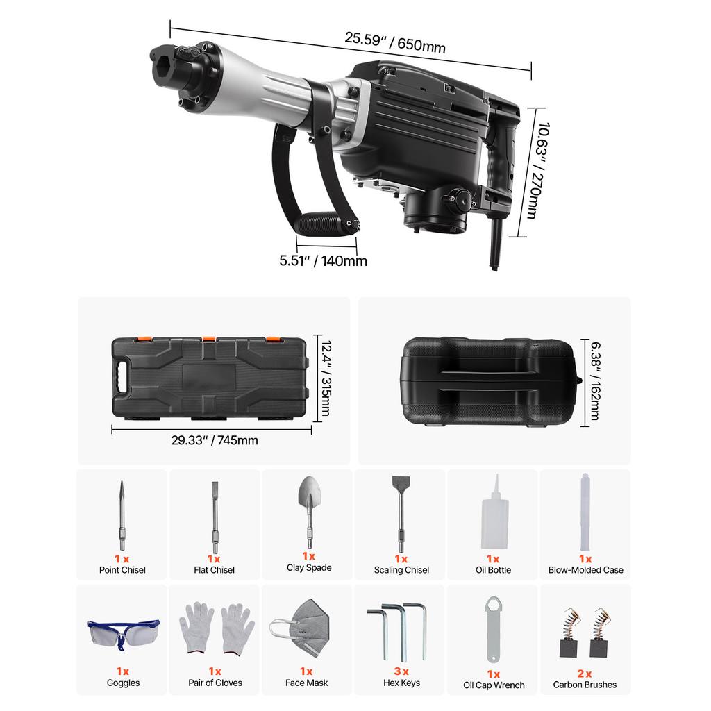 SucceBuy Demolition Jack Hammer 2800 W Powerful Electric Jackhammer 1200 BPM Concrete Breaker with Carrying Case Gloves