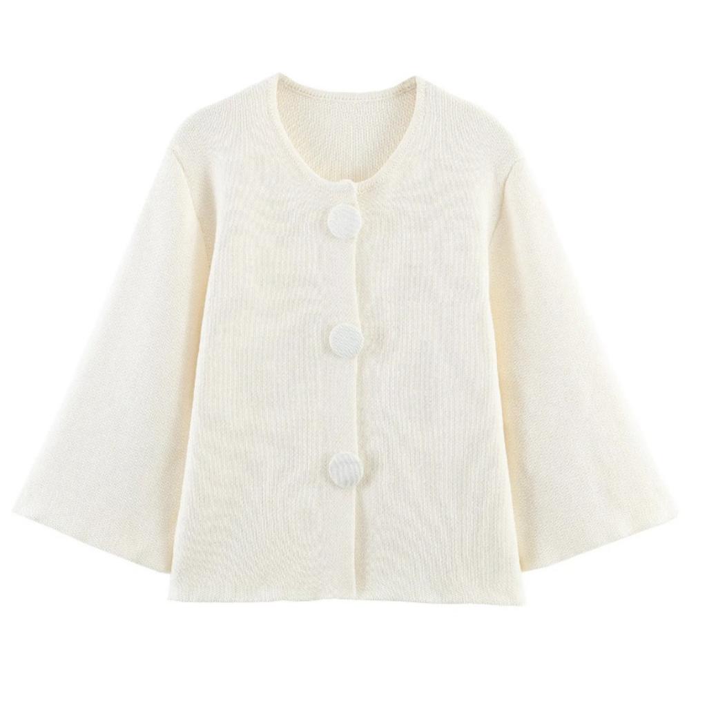 Cárdigan de Punto para Mujer con Cuello Redondo, Mangas Tres Cuartos, Corte Holgado, Casual, Botones, Corto