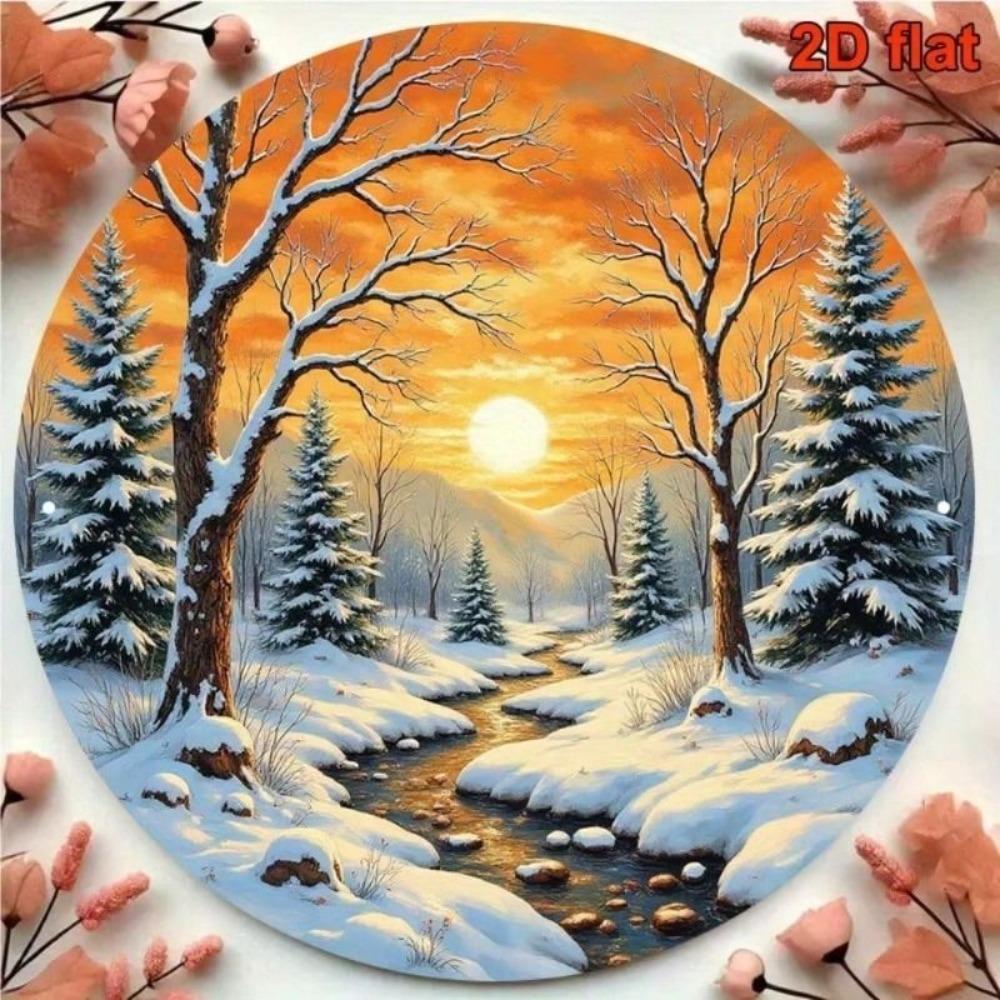 Vintage Winter River Mountain Metal Poster 8x8 Round Wall Art for Living Room