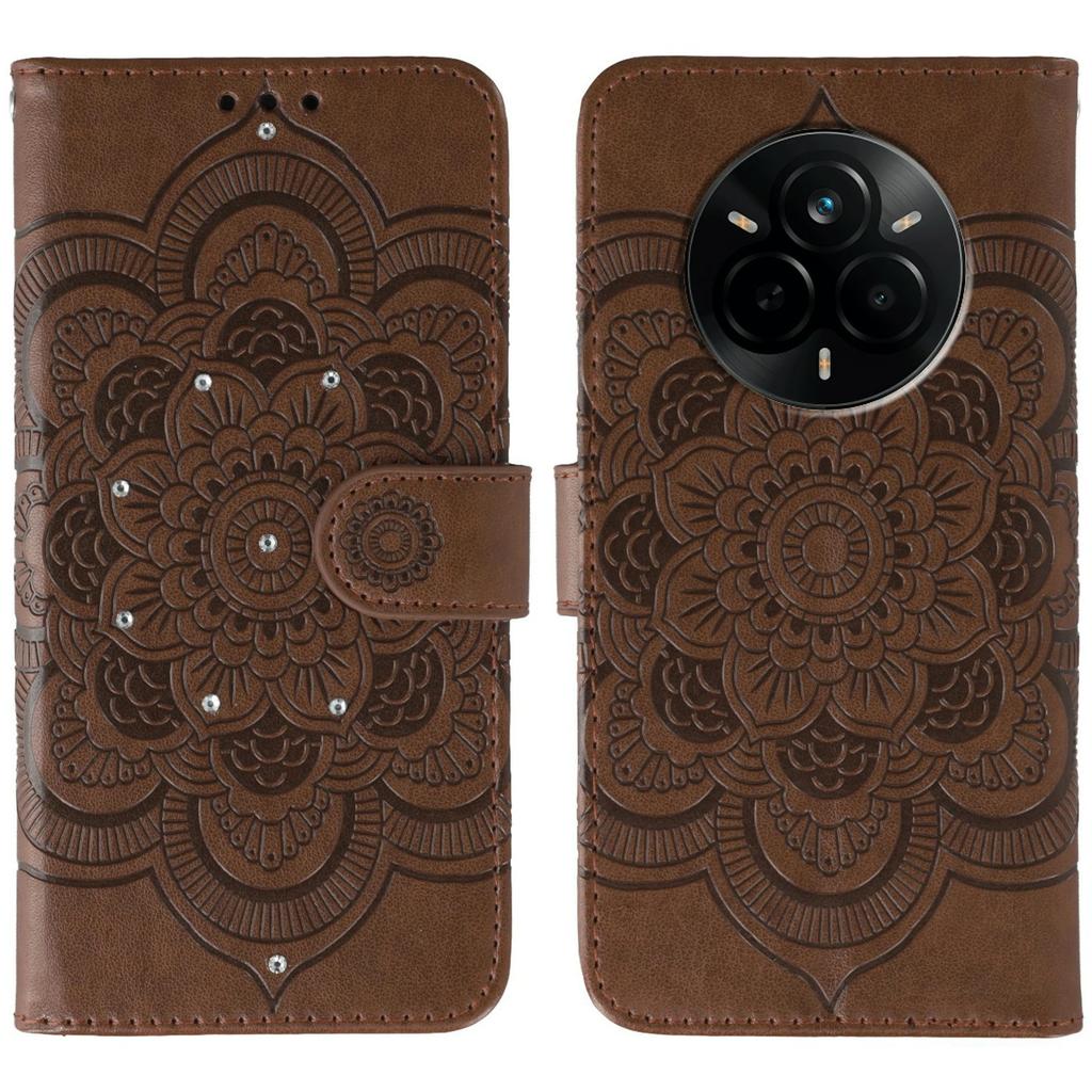 For Realme 14 Pro 5G Case Rhinestone Decor PU Leather Mandala Imprinted Design Phone Cover with Wrist Strap