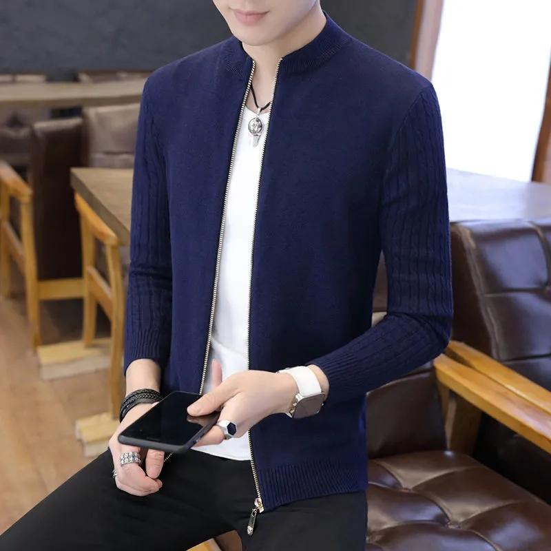 

FiveFive Мужская куртка-свитер однотонный кардиган корейский трикотаж на молнии пальто повседневное Sueter Masculino трикотажная верхняя одежда с длинными рукавами S темно-синий
