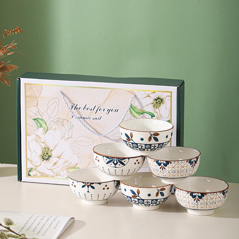 Japanese Style Underglaze Porcelain Rice Bowl Set - Microwaveable Ceramic Tableware for Households & Gifts