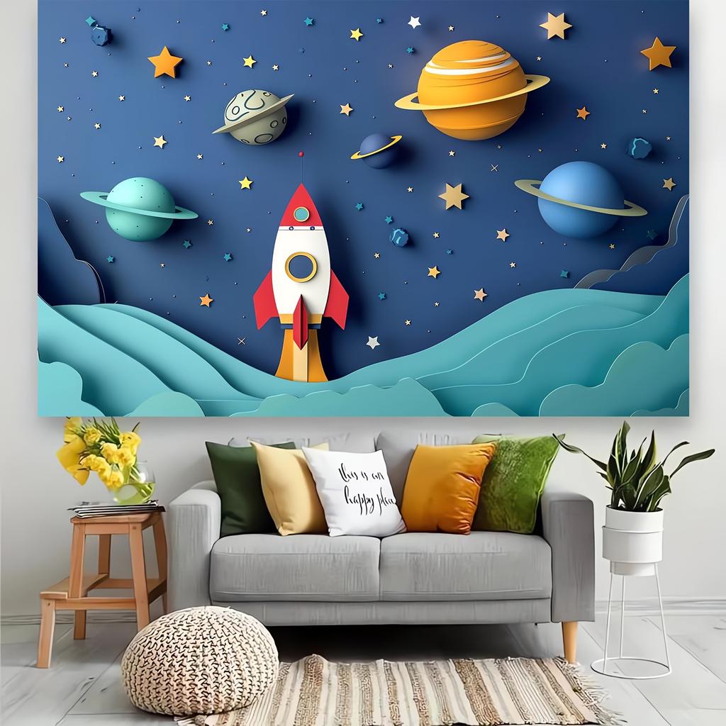 Space-Themed Photography Backdrop - Cartoon Spaceship & Galaxy Design Polyester Versatile For Birthday