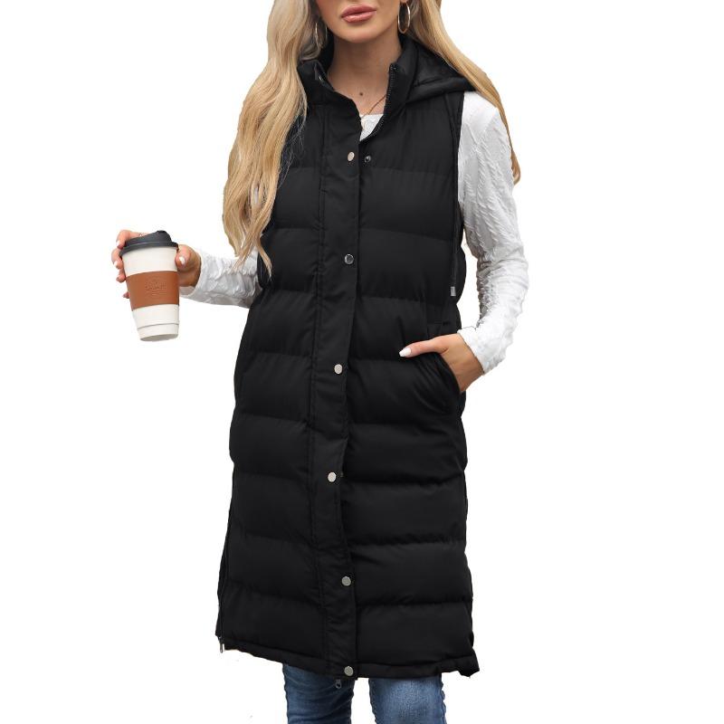 

Autumn and winter new women s hooded sleeveless vest long solid color zipper padded thickened coat women s clothing S чёрный