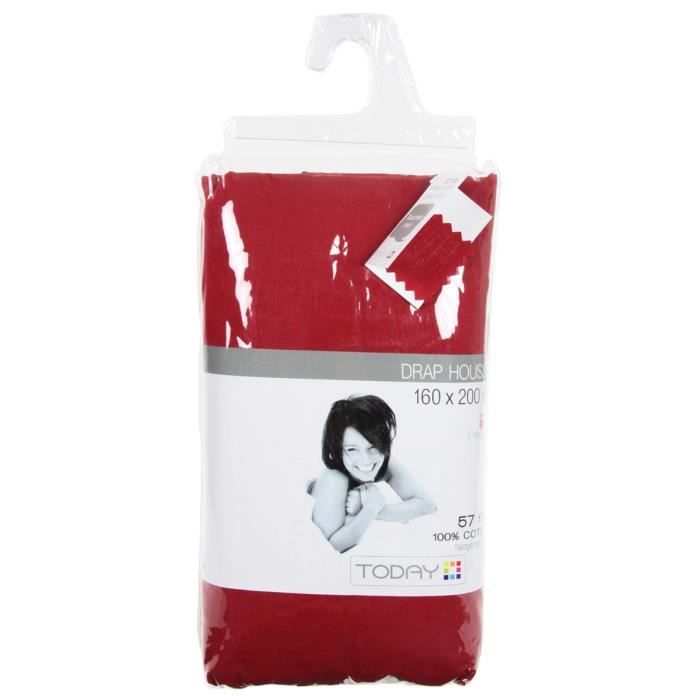 Drap housse - Coton - Rouge - 160x200 cm - 57 fils/cm² - Lavable à 40°C