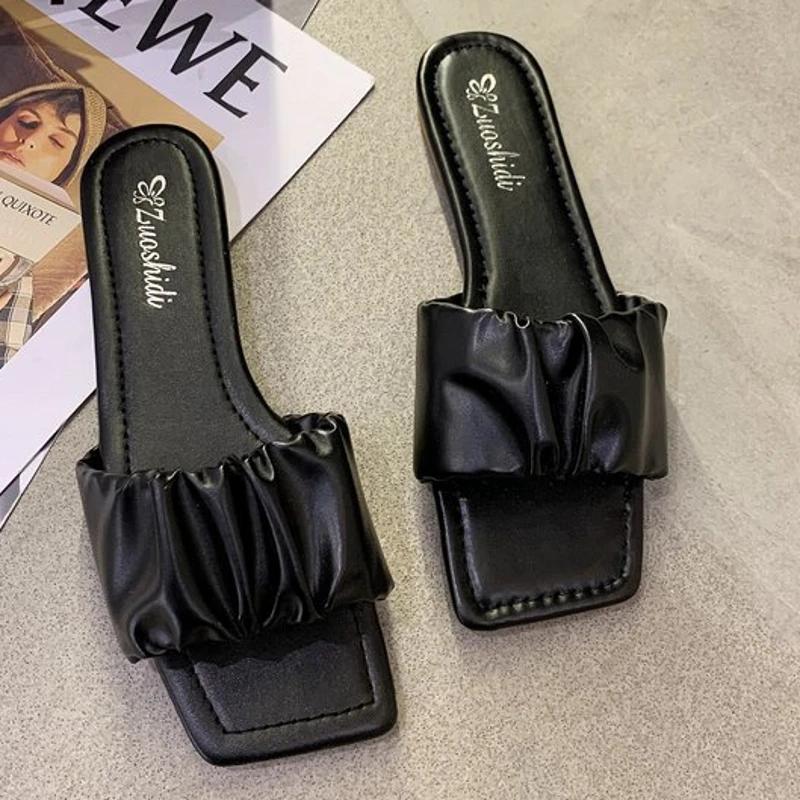 Woman Flat Slides Slippers Summer 2024 Stylish Square Head Pleated Sandals for Women Casual Flip Flops Solid Color Shoes Fashion