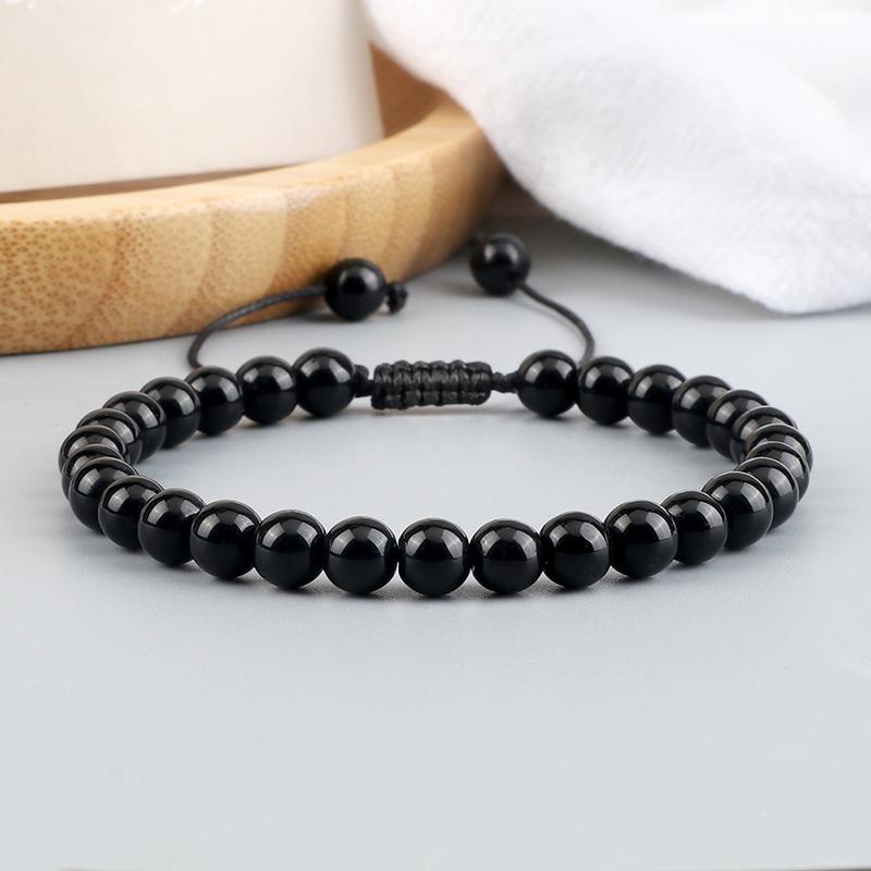 6mm Natural Stone Men Bracelets Charm Tiger Eye Black Beads Bracelet Braided Bangle Adjustable Charm Women Yoga Jewelry Pulseras