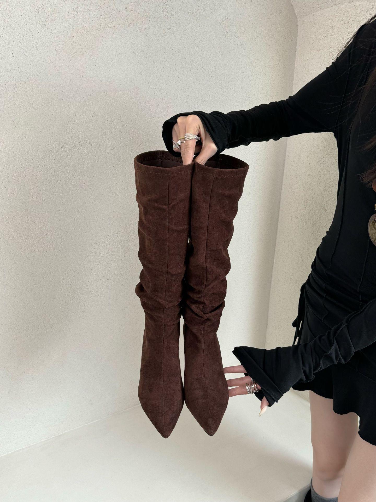 

New spot new 2025 autumn and winter big tube circumference boots long tube boots women s Korean version 5cm height increase pointed head slo 40 коричневый