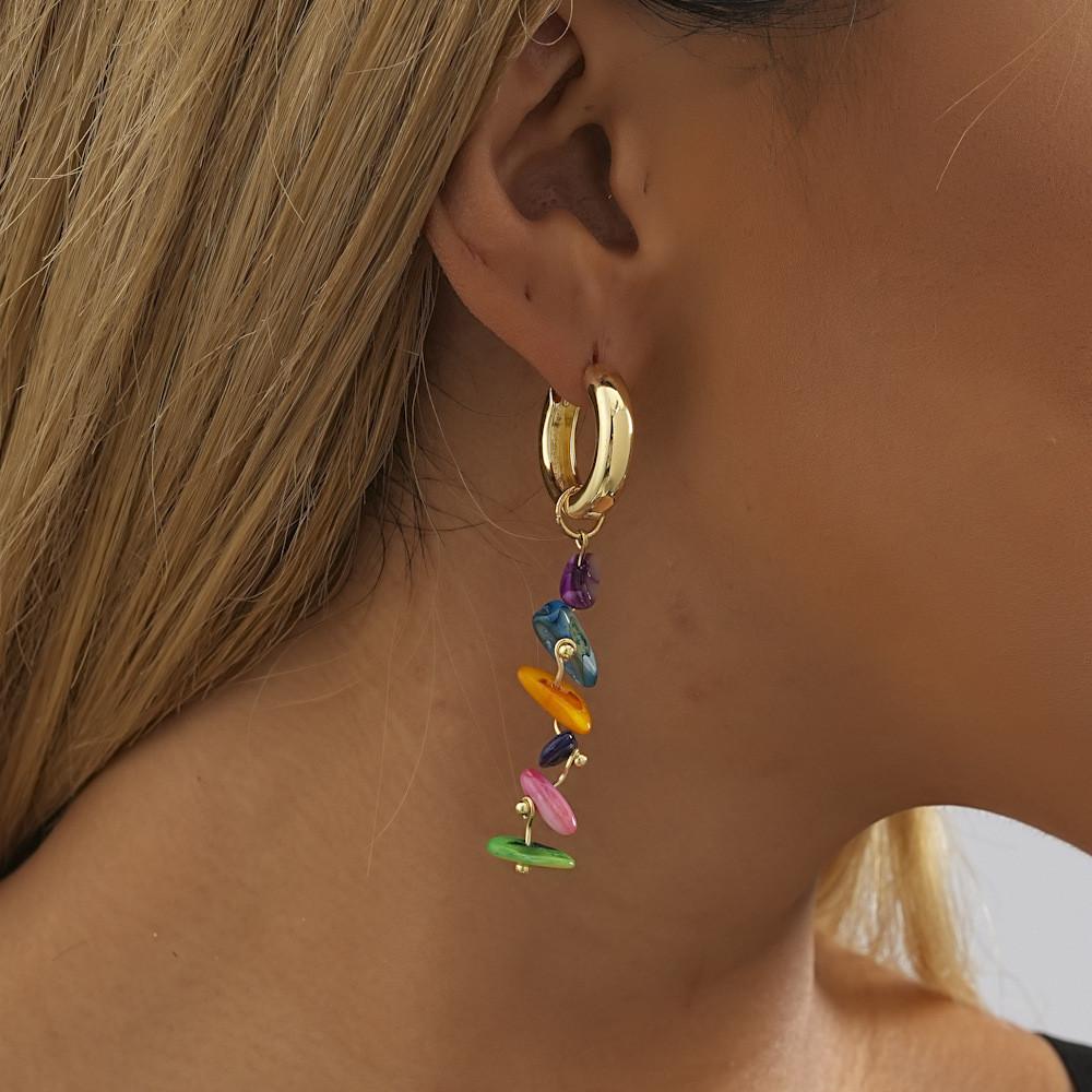 Elegant Natural Stone Earrings For Women Colorful Geometric Design With Chain Details