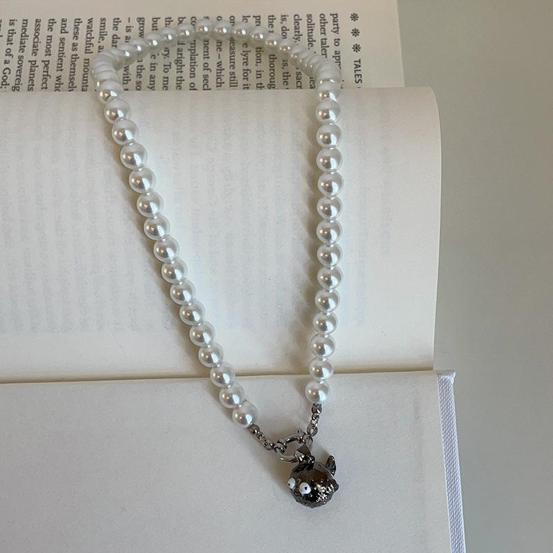 Cute Fun Cartoon Small Puffer Fish Pendant Pearl Necklace Women'S Personality Fashion Exquisite Elegant Versatile Neck Chain Sweater Chain