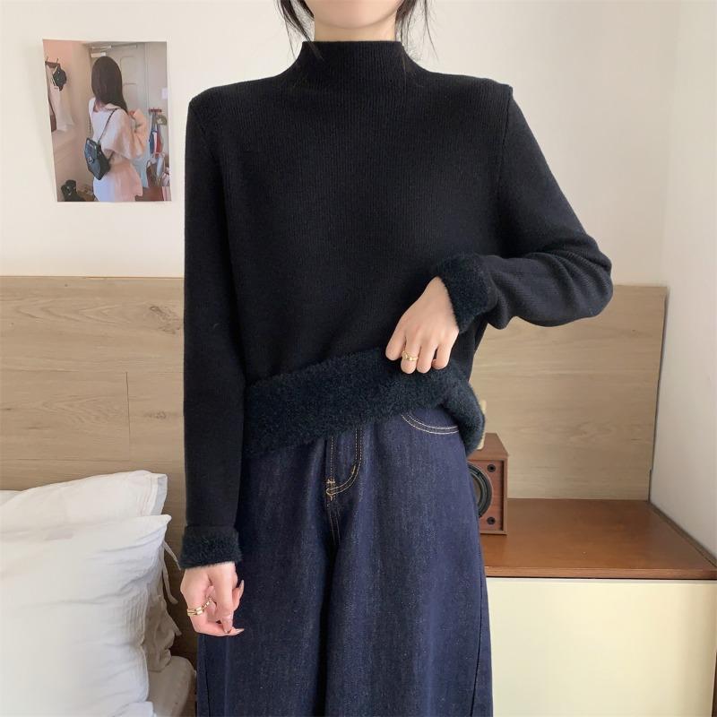 Autumn and Winter Thickened Inner Semi-turtleneck Loose Integrated Fleece Andy Fleece Sweater Women's Soft Waxy Knitted Bottoming Top