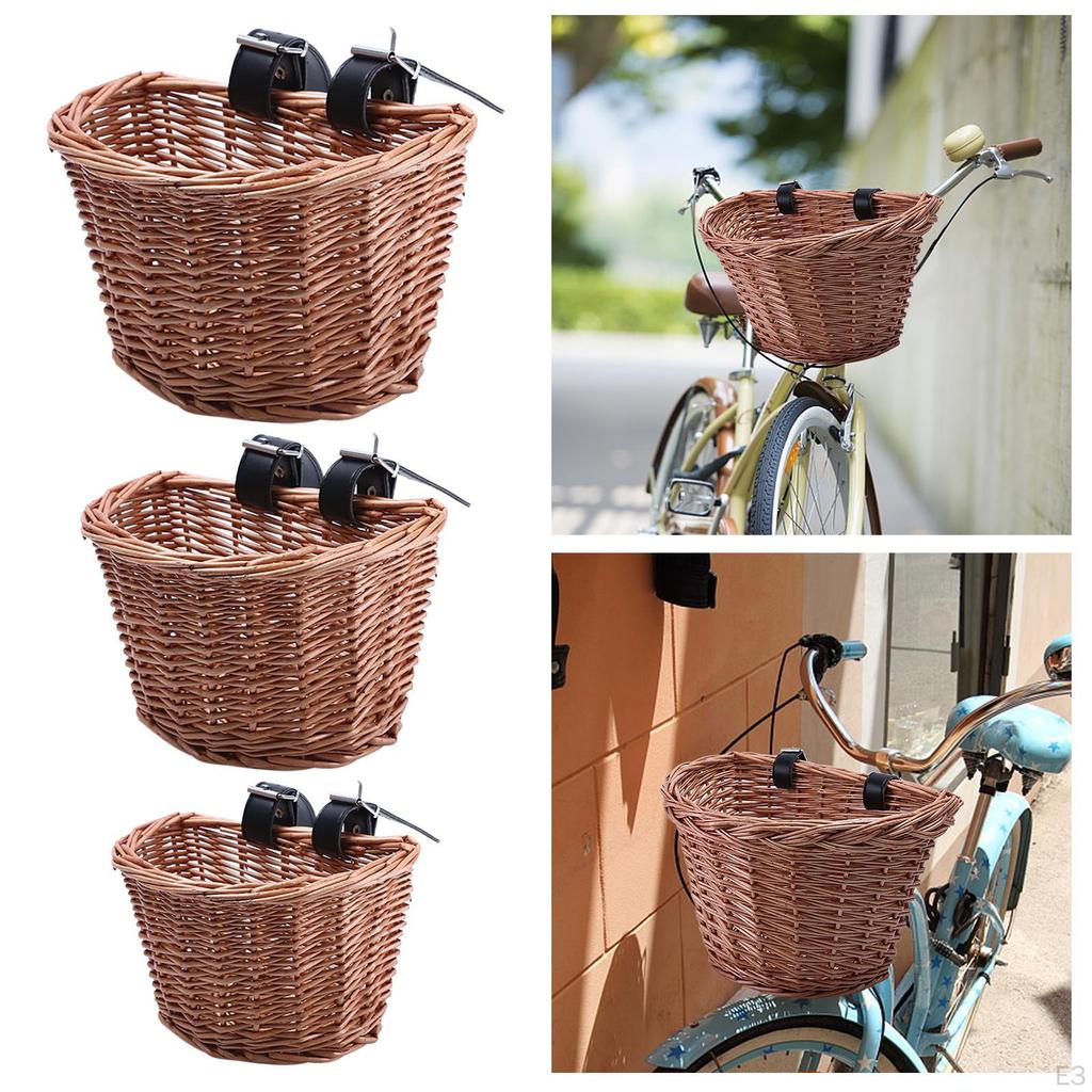 Bike Wicker Basket Bicycle Cargo Rack Bag Multi Purpose with Adjustable Straps Handlebar