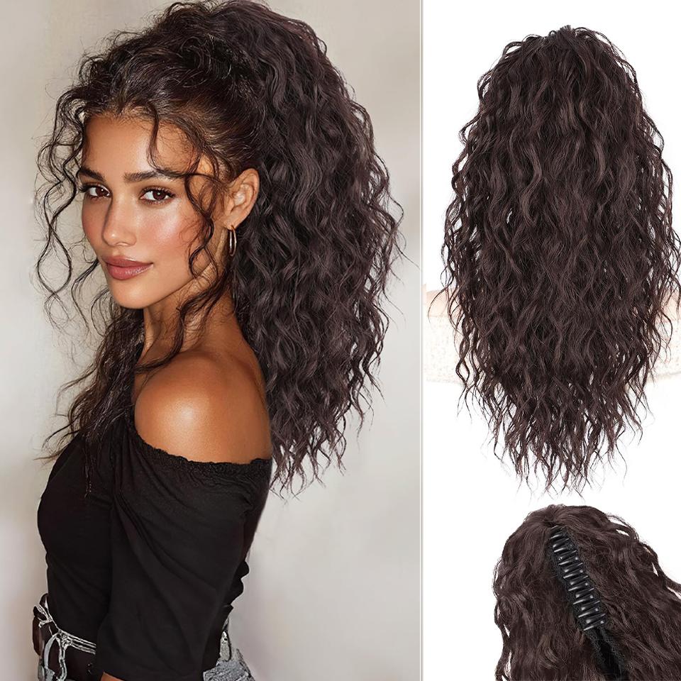 

14-дюймовый синтетический короткий кудрявый хвостик на заколке-крабе, наращивание волос для ежедневного использования, блонд, черный, блонд, пушистый парик для женщин