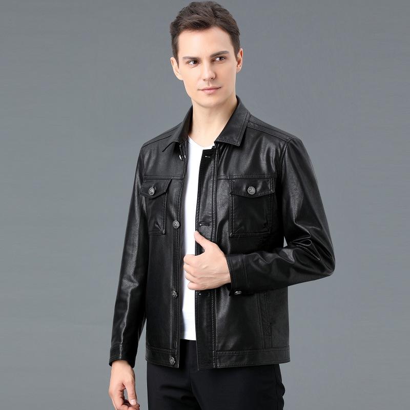Leather Jacket Men's Velvet Thickened Lapel Autumn and Winter Middle-aged Dad Leather Jacket Casual Coat Soft Leather Top
