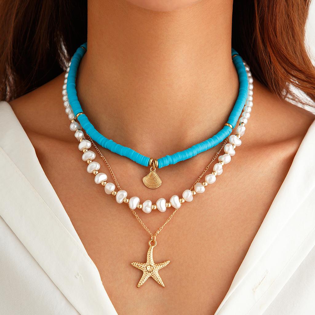 Ingemark 3Pcs Creative Heart Imitation Pearl Polymer Clay Chain Necklace Boho Metal Conch Starfish Pendant Choker Y2K Jewelry