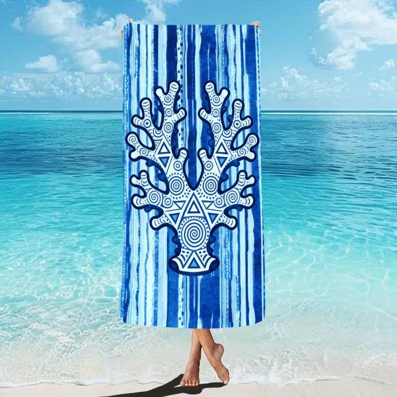 Bohemian Dolphin Print Beach Towel Quick Dry Lightweight Absorbent Blue Tribal Geometric Striped Design Towel for Summer