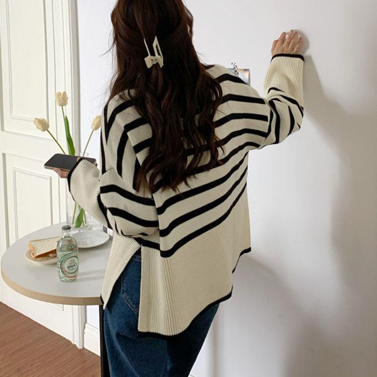 2025 autumn and winter loose tops fashion Korean women's crew neck pullover sweater stripe stitching knitting sweaters for women