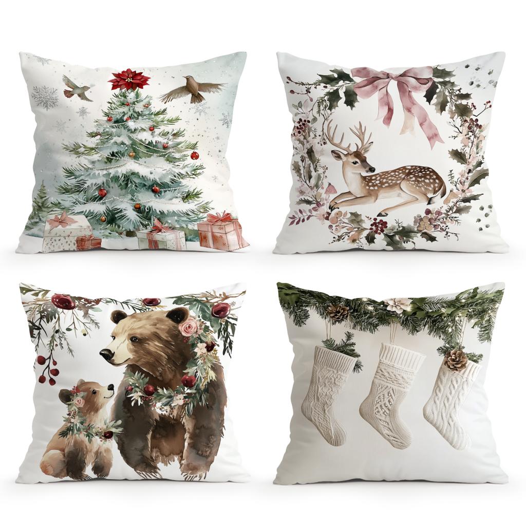 Watercolor Christmas Decor Pillowcase Printed Polyester 45x45cm Throw Pillowcover Decorative Sofa Cushion Pillowslip Home Decor