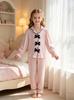 Pink Satin Striped Pajamas Set for Girls 4-7Y, Bow-Tie Button Up Long Sleeve Top & Pants, Cute Sleepwear Loungewear
