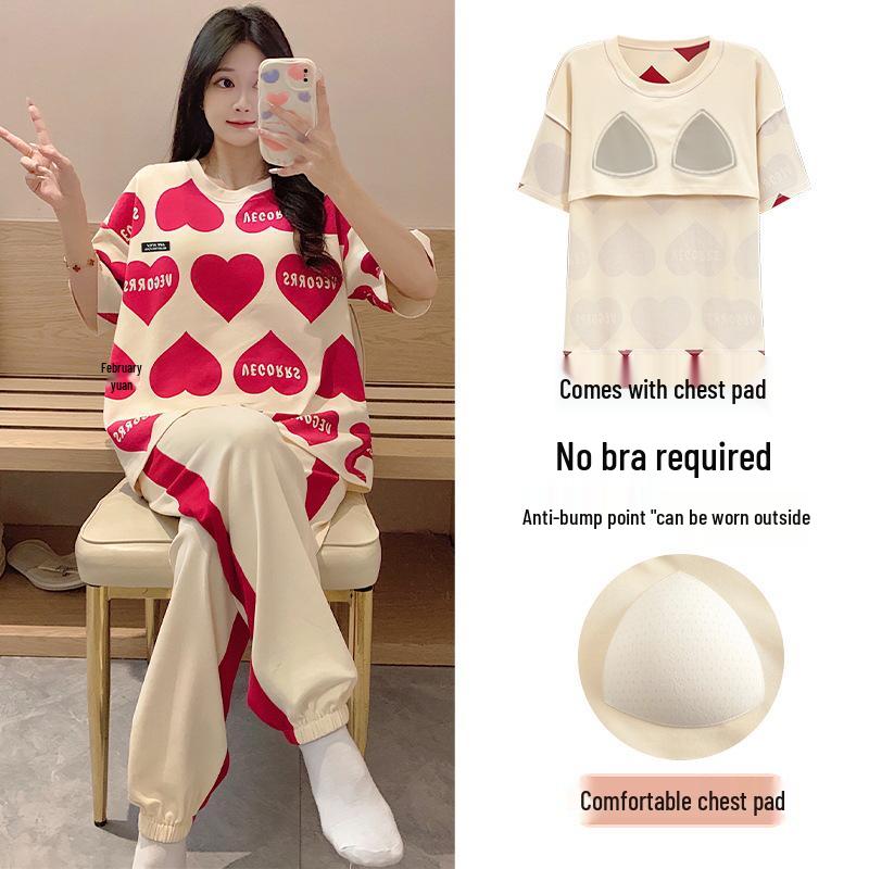 Summer Cotton Pajama Set for Women: Short Sleeve, Long Pants, Cute Design for Teens, Perfect for Spring and Summer.